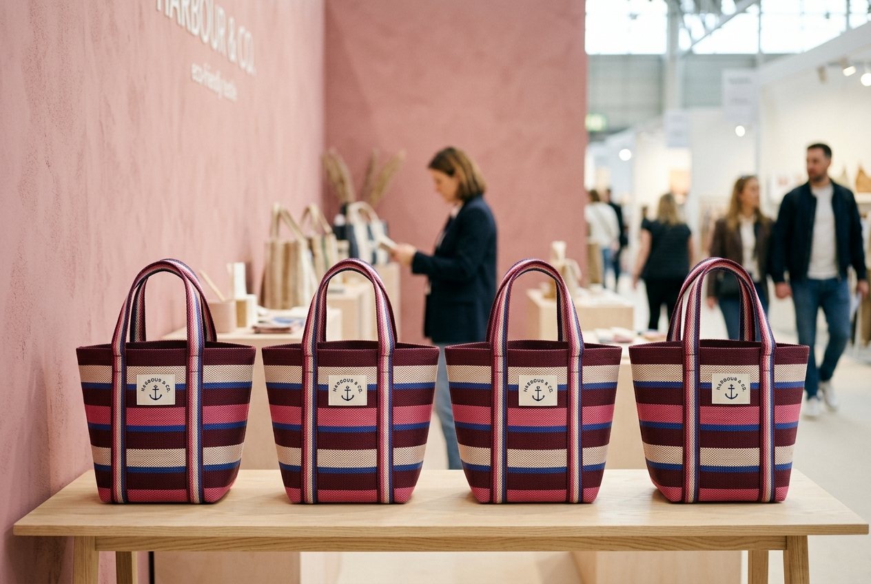 Striped totes with a printed client logo on a table at a trade show stand