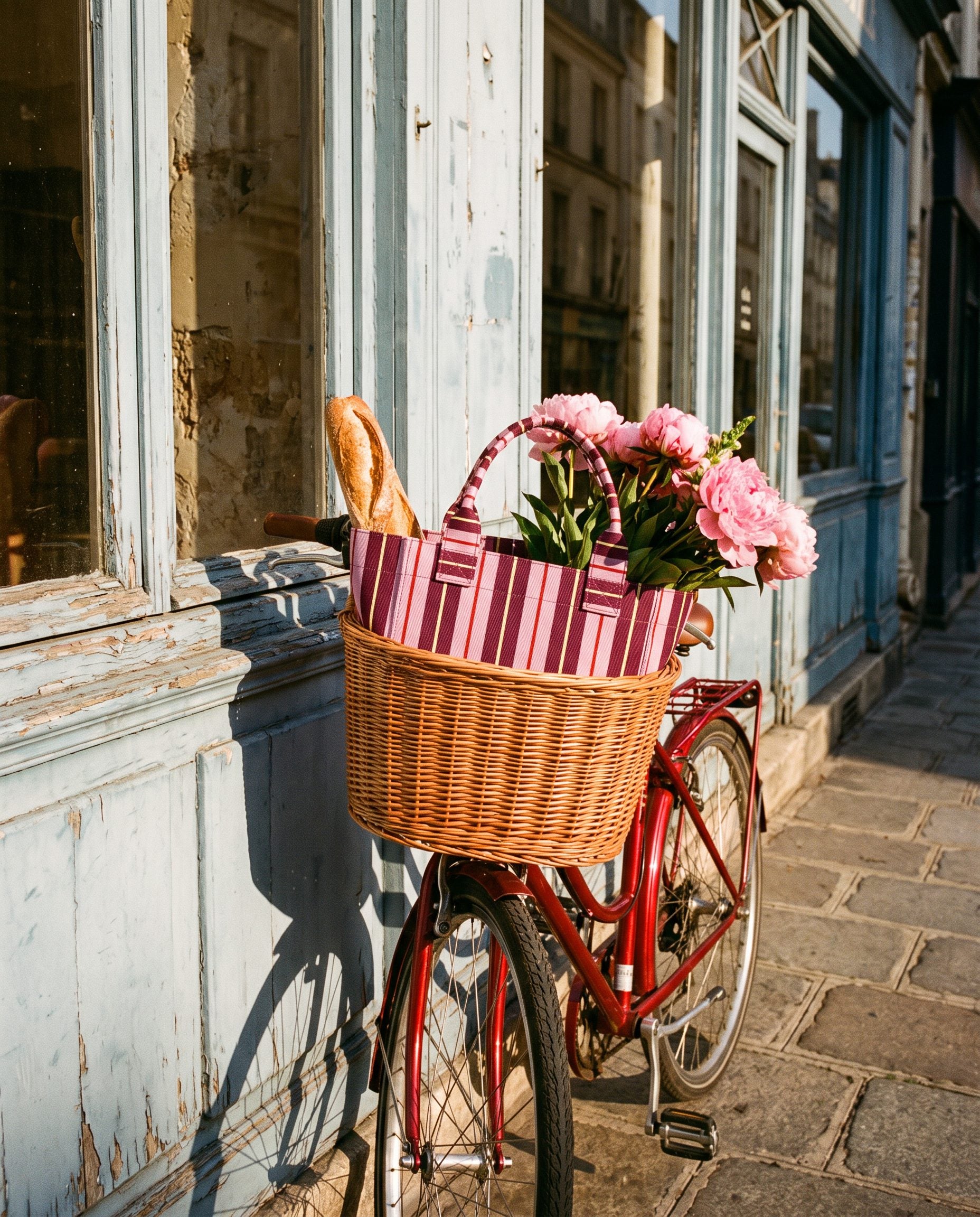 A striped tote with flowers and a baguette in a bicycle basket