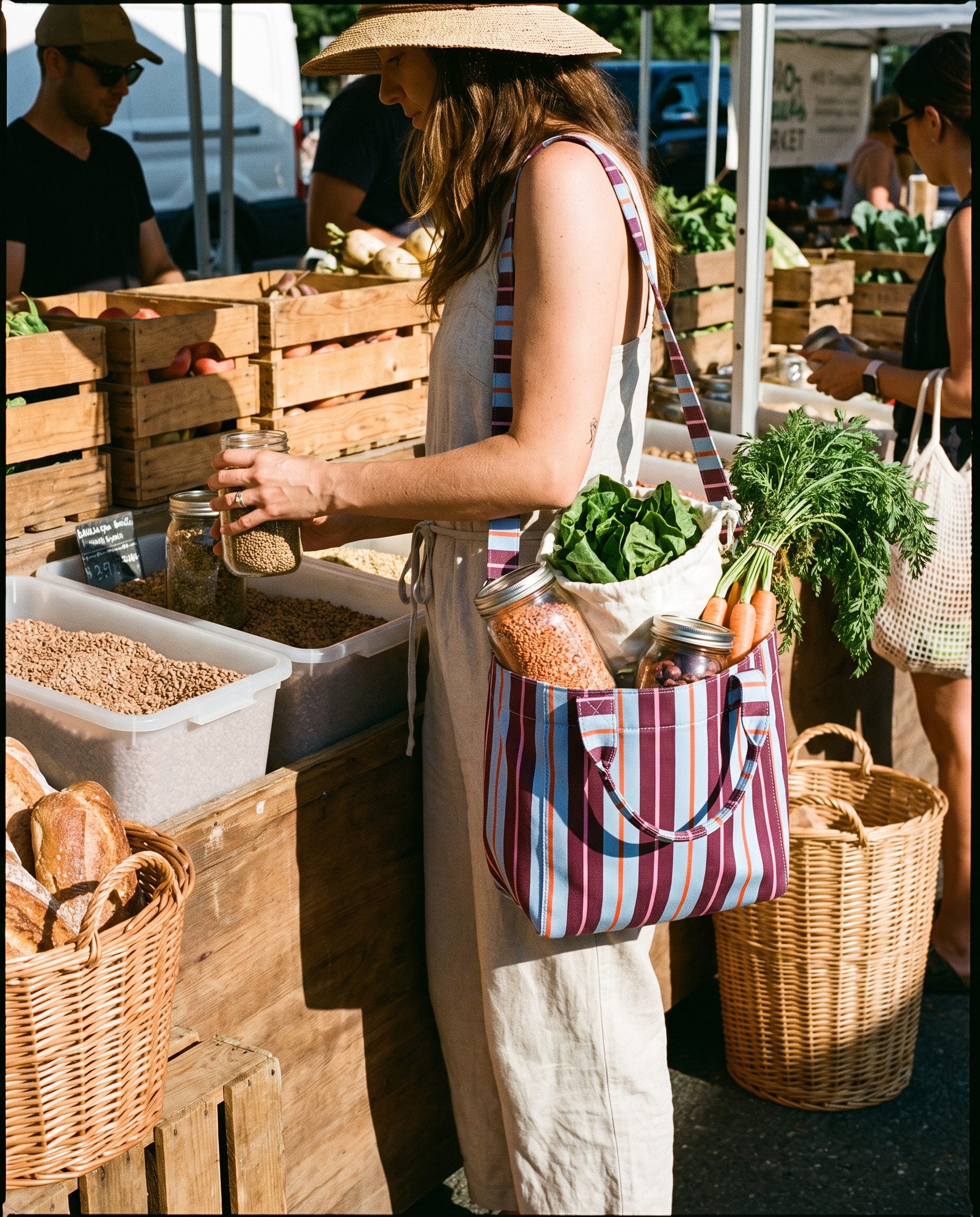 Carrying a striped tote full of produce at a farmers market