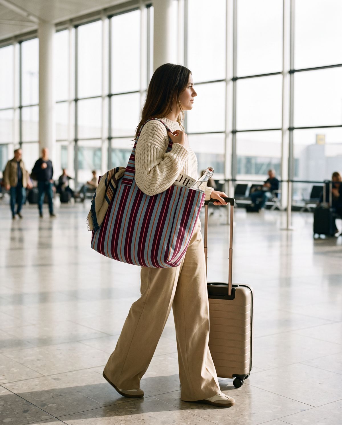 A striped tote over the shoulder beside a carry-on suitcase at the airport