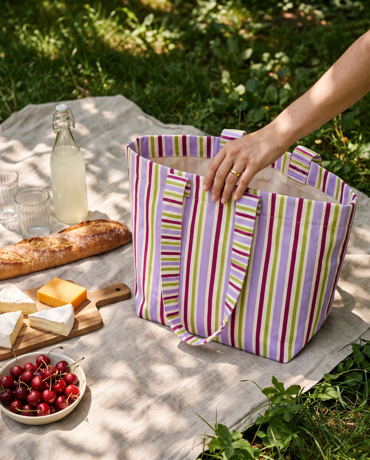 A striped tote unpacked on a picnic blanket in the park