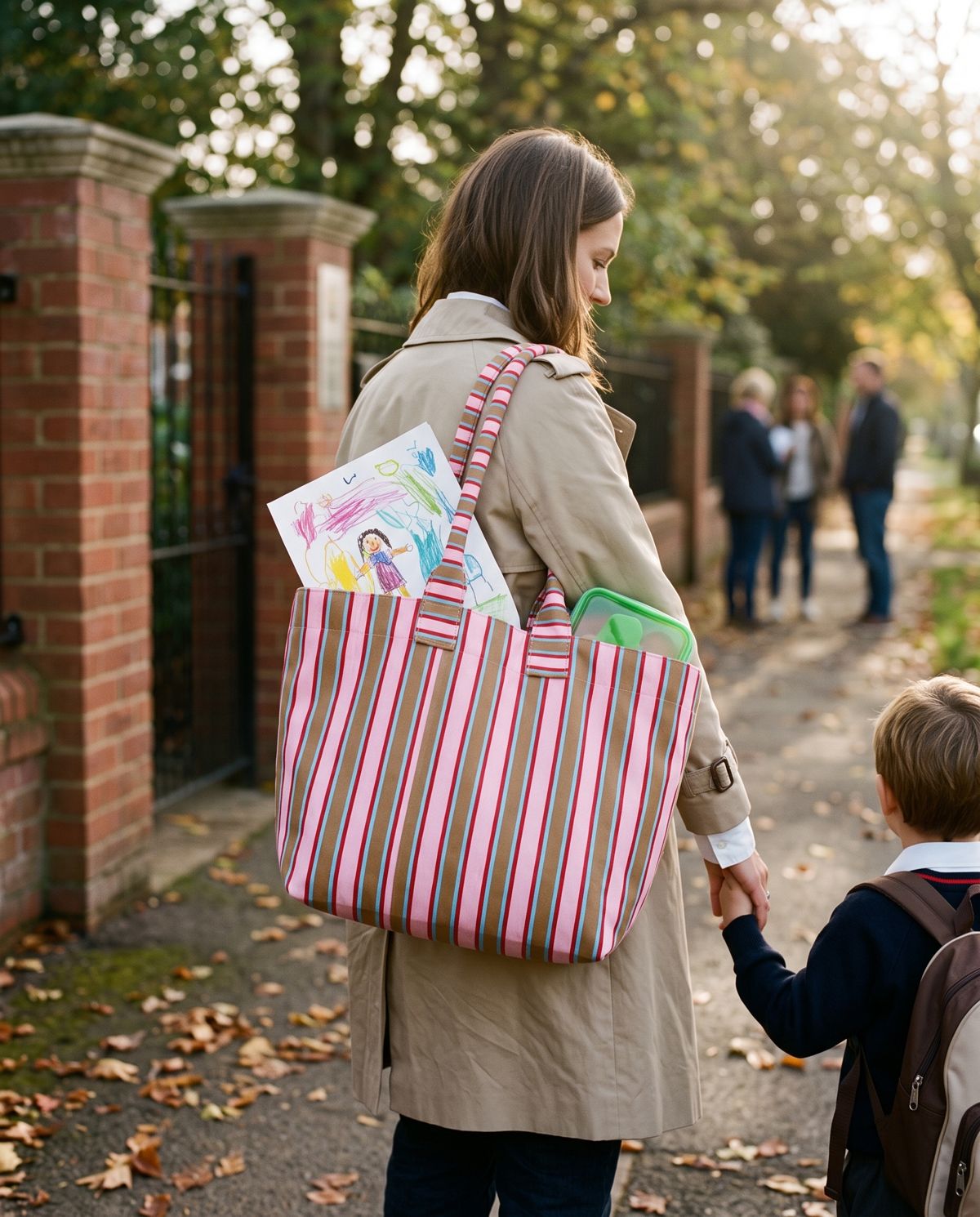 Walking a child to school with a striped tote on the shoulder
